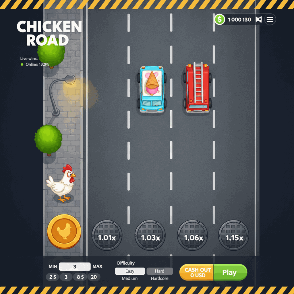 Schermata di gioco Chicken Road di InOut che mostra un pollo cartoon bianco che attraversa una strada a più corsie vista dall'alto con moltiplicatori crescenti su ogni corsia, indicatori di traffico e interfaccia di scommessa in tempo reale